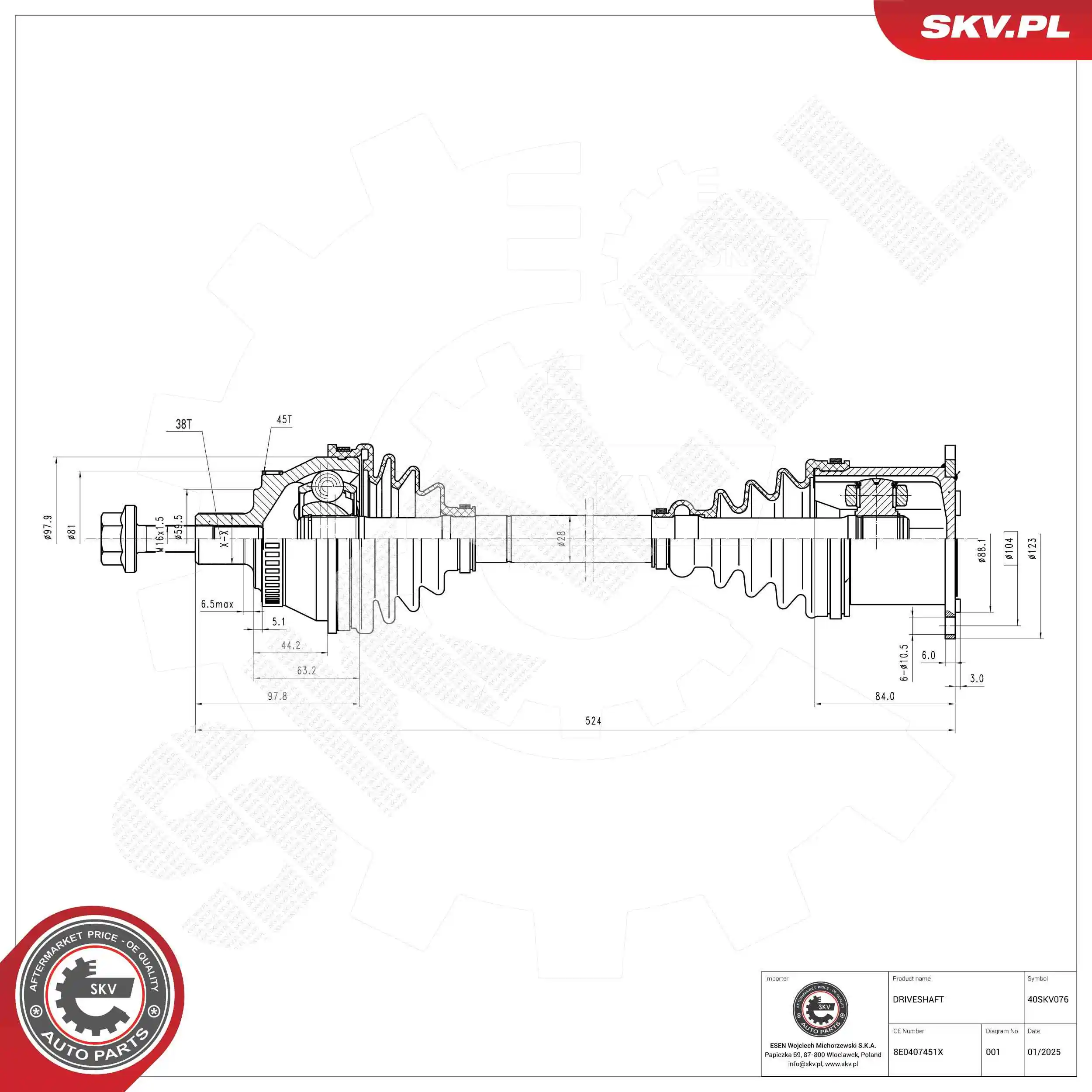 ESEN SKV Albero motore/Semiasse 40SKV076