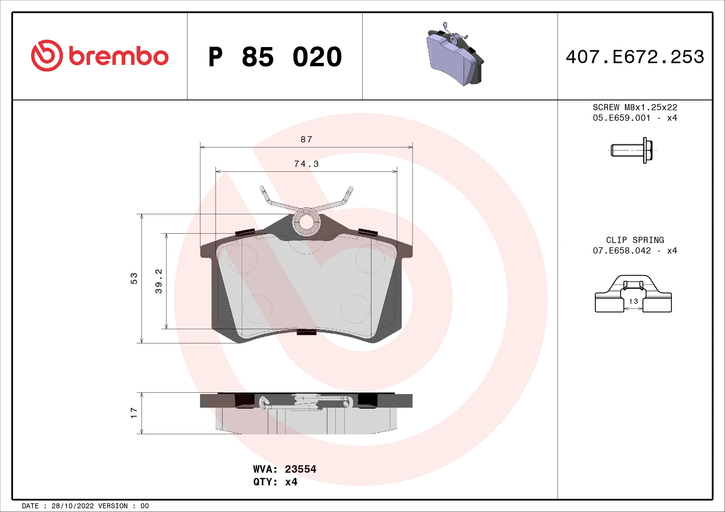 BREMBO Set Pad Brek, Brek Piring P 85 020