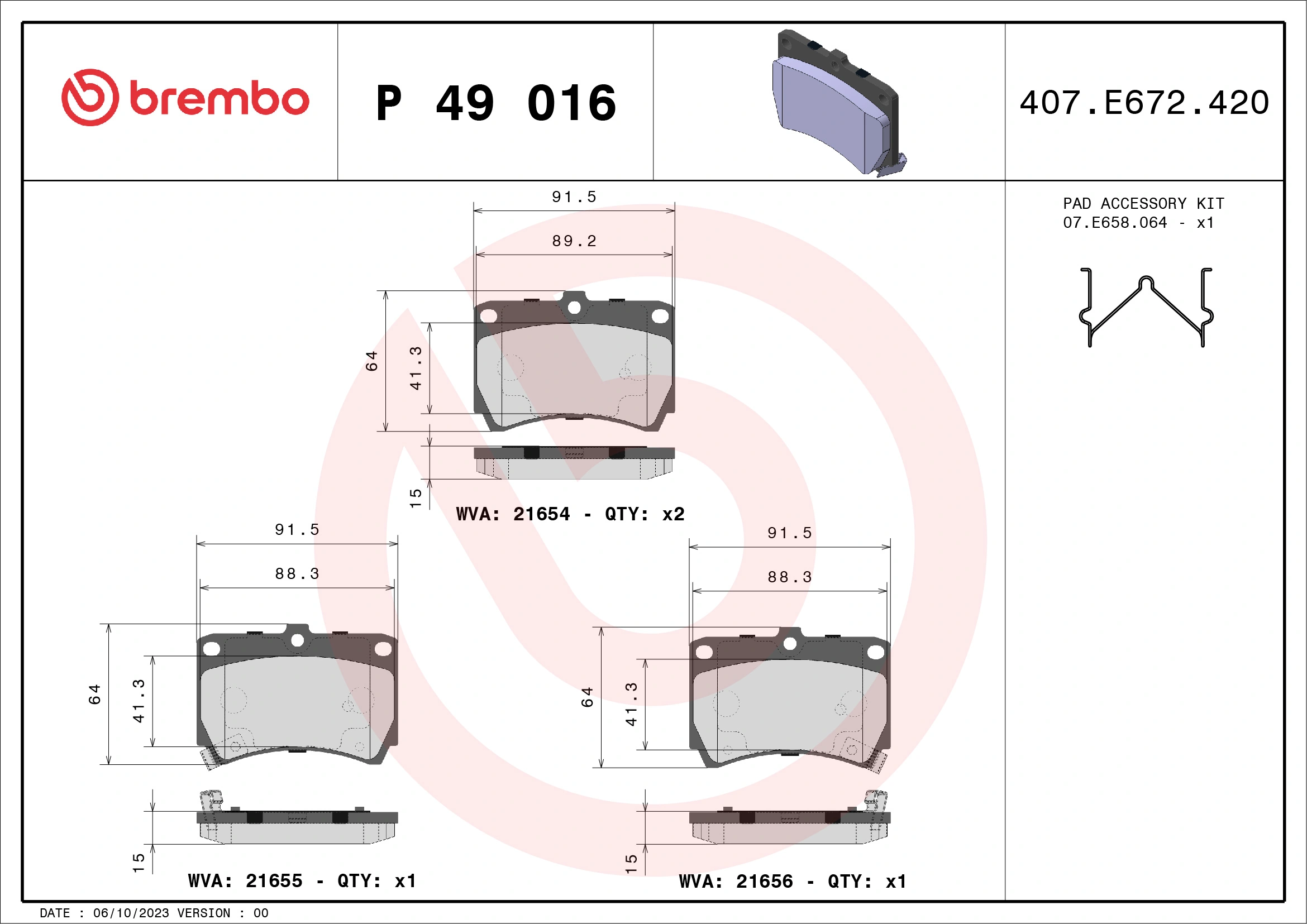 BREMBO Kit pastiglie freno, Freno a disco P 49 016