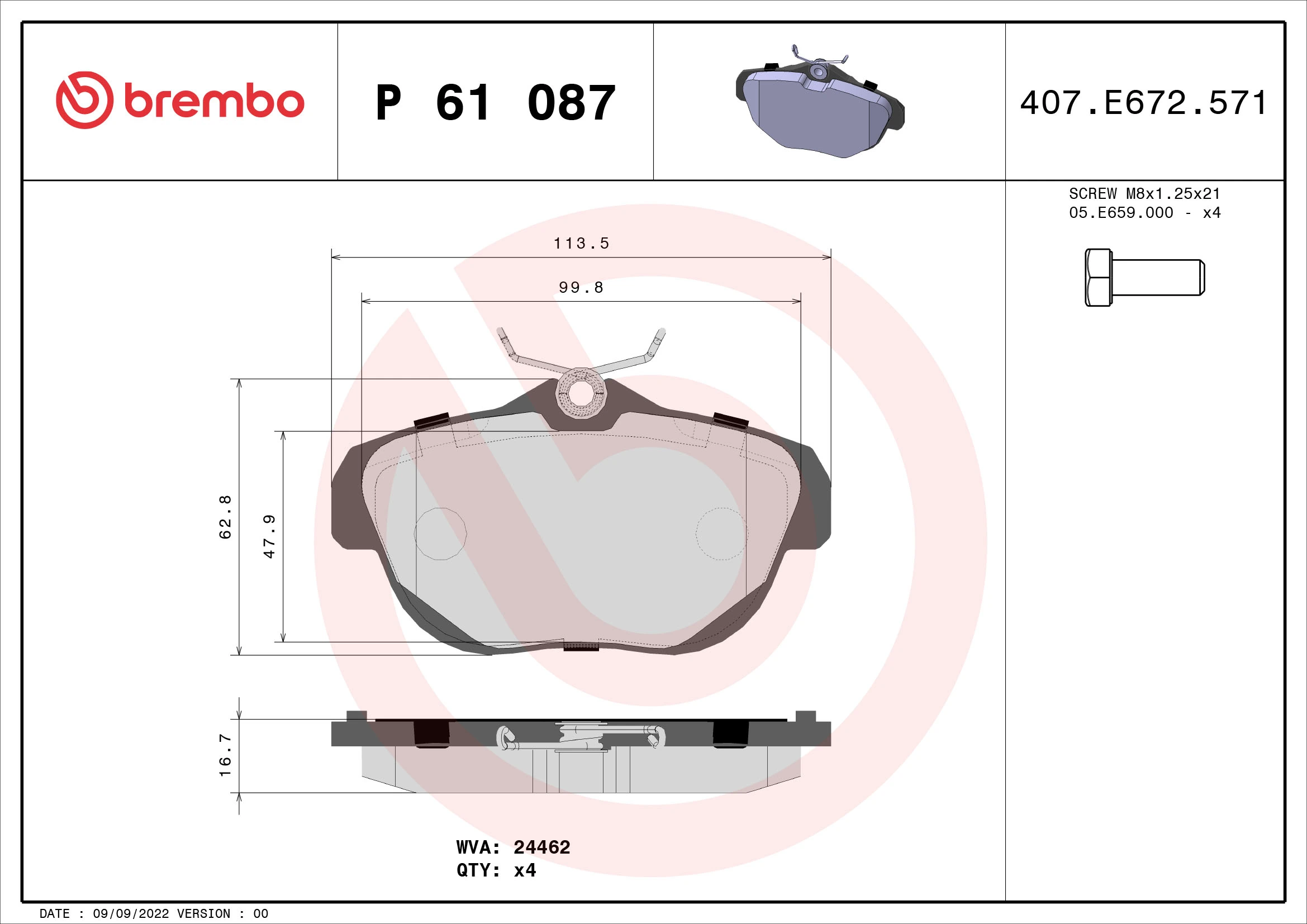 BREMBO Kit pastiglie freno, Freno a disco P 61 087