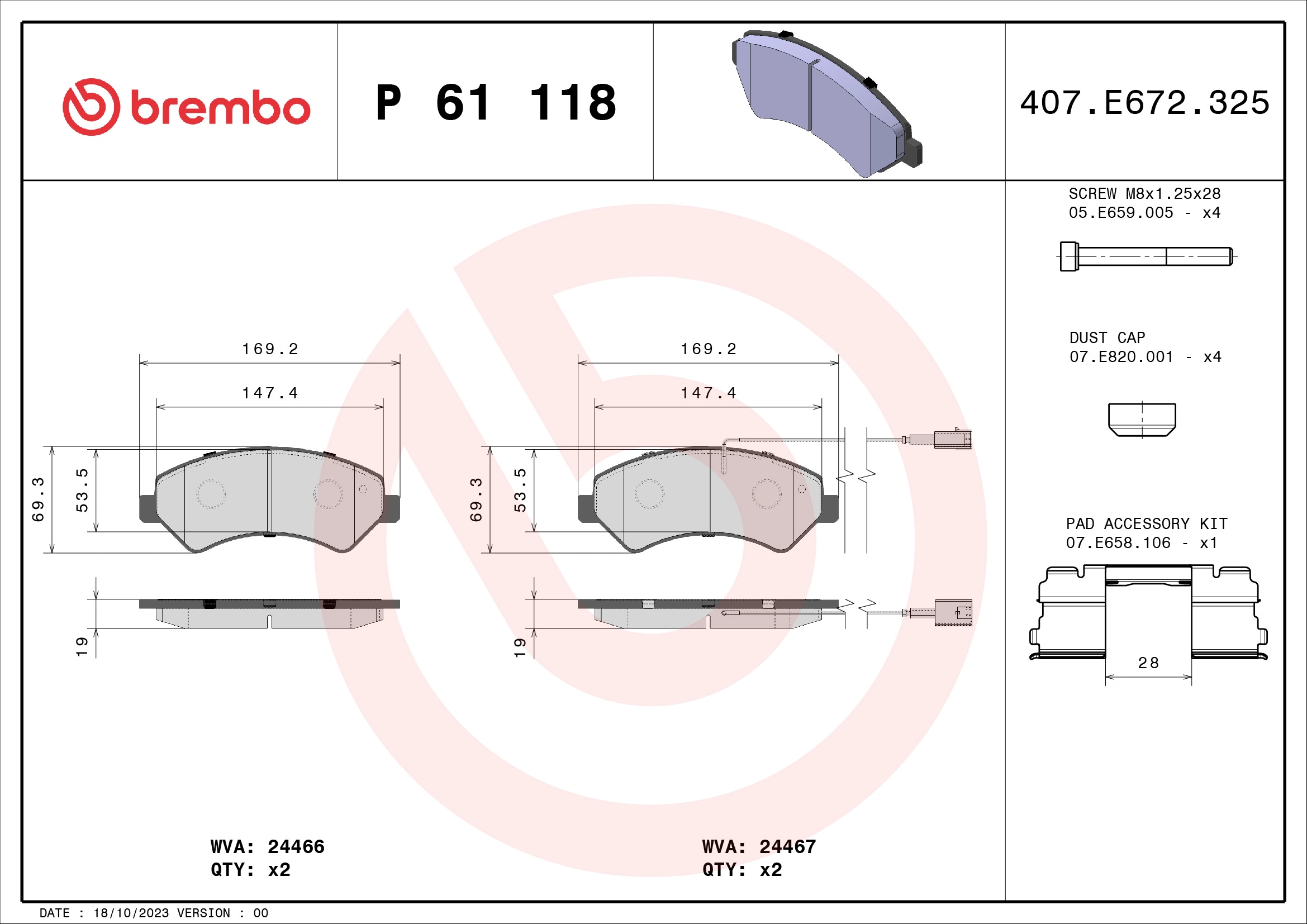 BREMBO Set Pad Brek, Brek Piring P 61 118