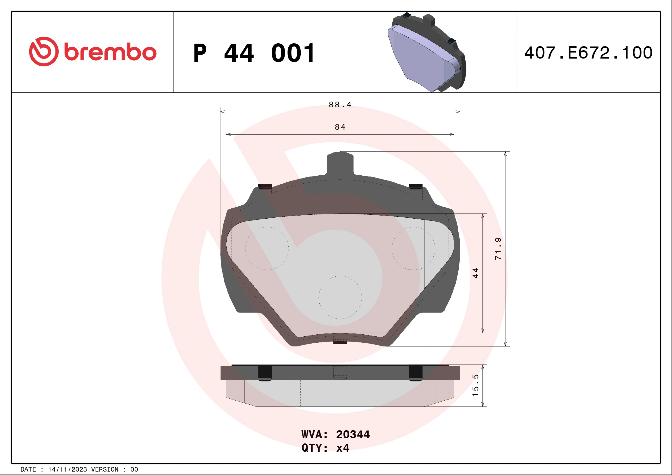 BREMBO 브레이크 패드 세트, 디스크 브레이크 P 44 001