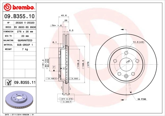BREMBO Disco freno 09.B355.11