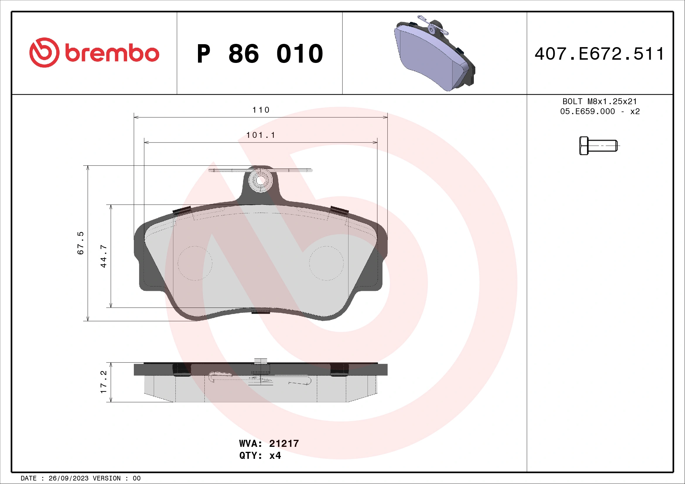 BREMBO Kit pastiglie freno, Freno a disco P 86 010