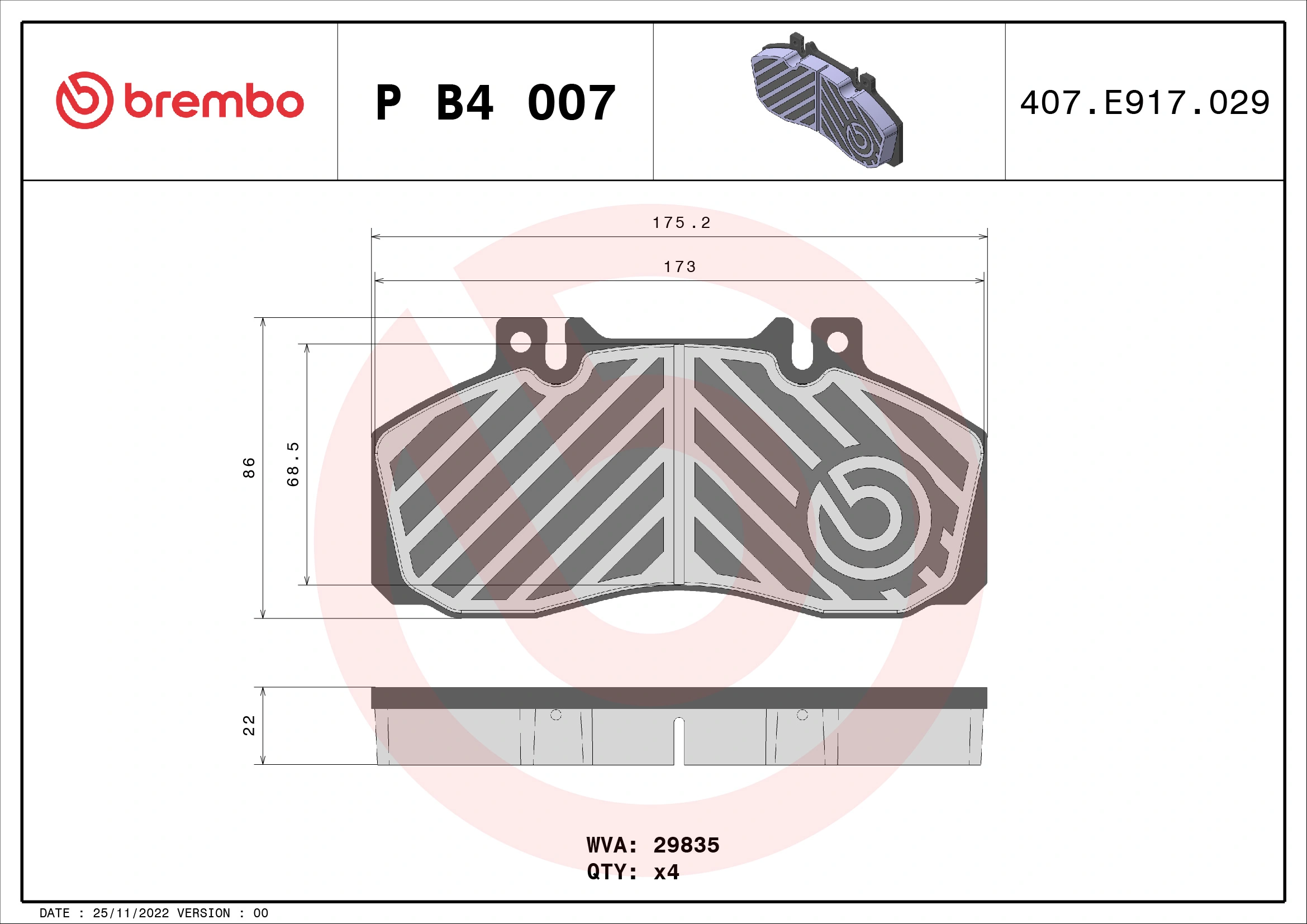 BREMBO مجموعة بطانة الفرامل، فرامل قرصية P B4 007