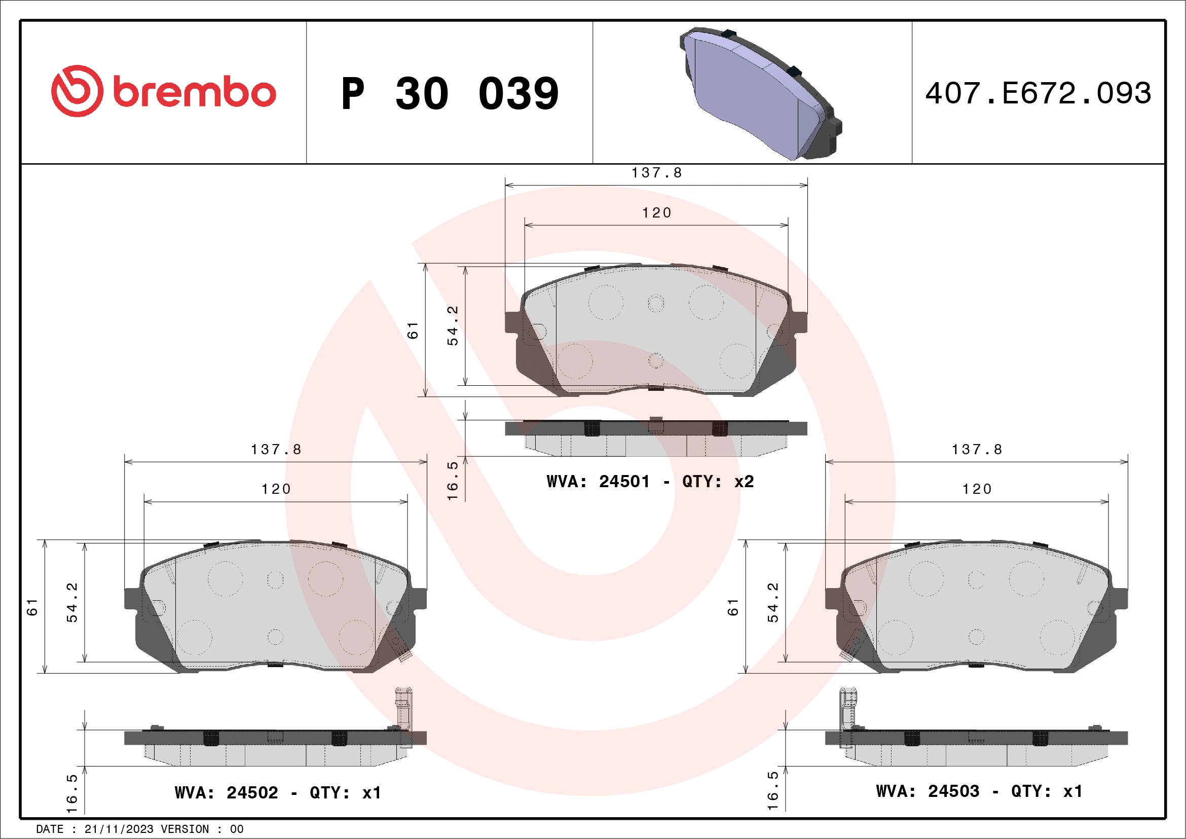 BREMBO Bremsbelagsatz, Scheibenbremse P 30 039