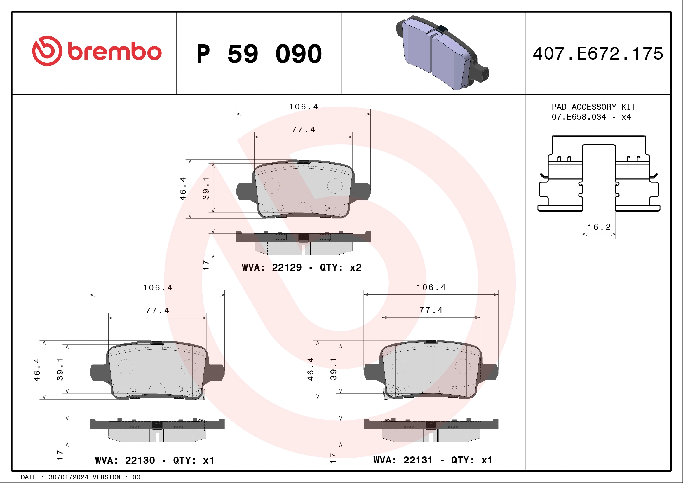 BREMBO Bremsbelagsatz, Scheibenbremse P 59 090