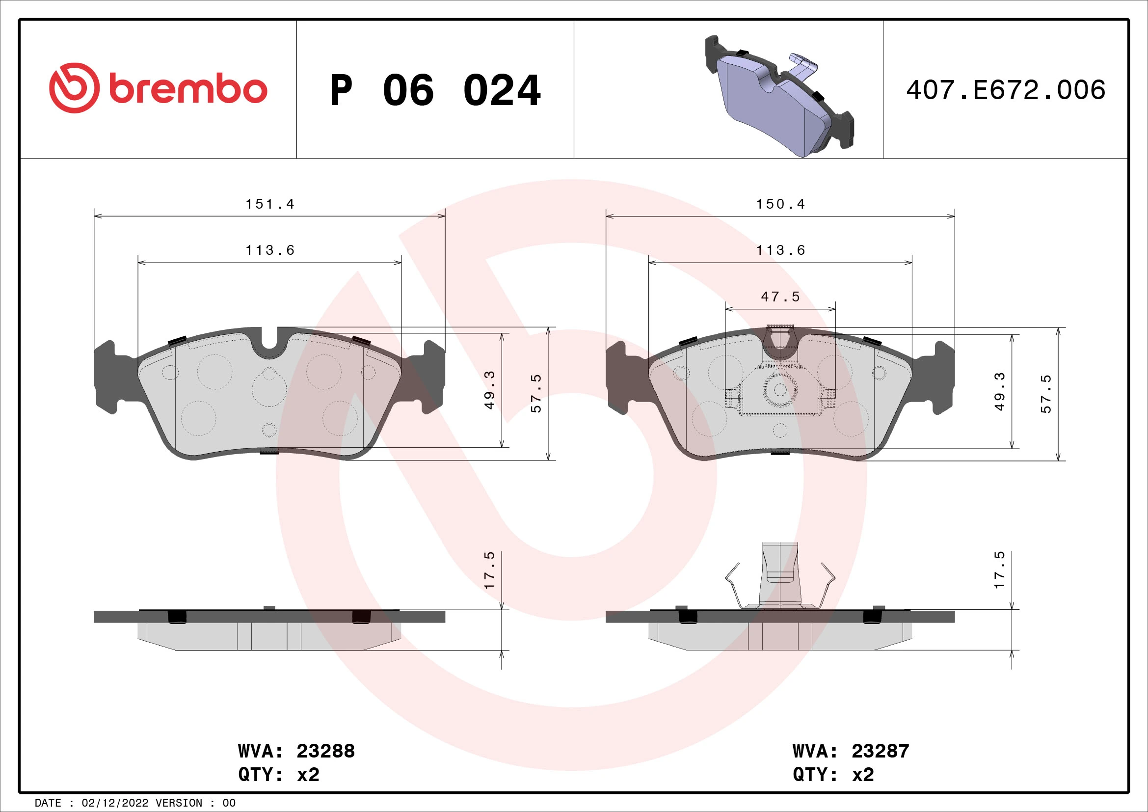 BREMBO Brake Pad Set, disc brake P 06 024