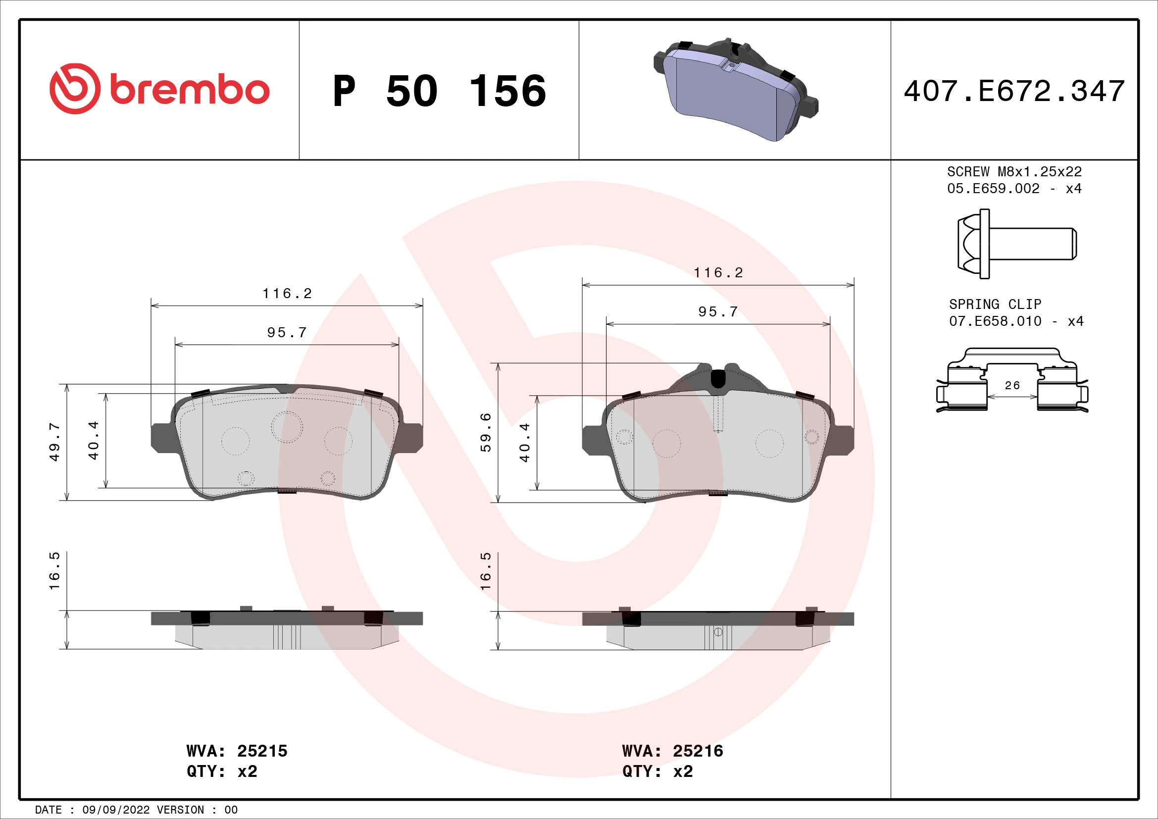 BREMBO Kit pastiglie freno, Freno a disco P 50 156