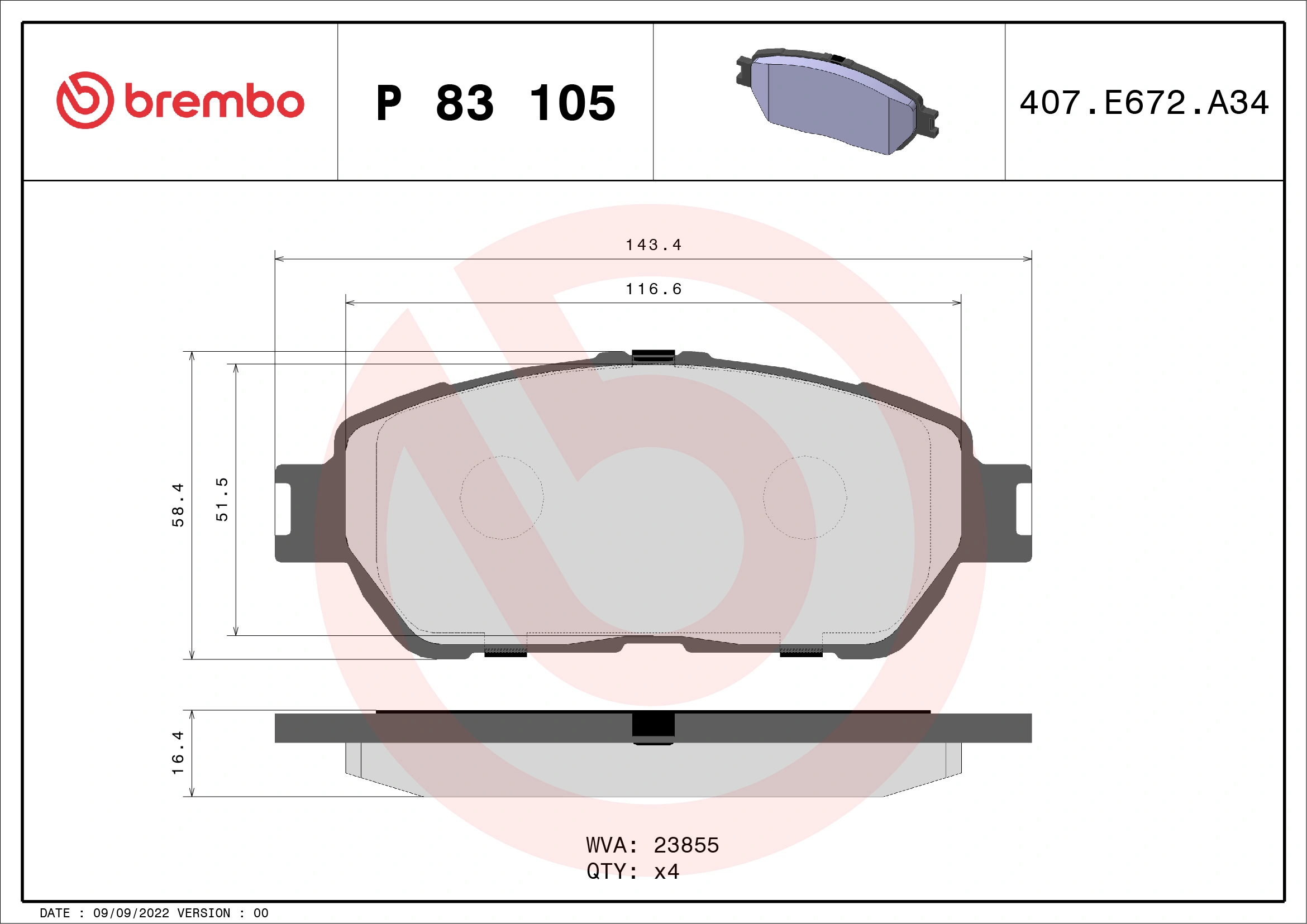 BREMBO ערכת רפידות בלם, בלמי דיסק P 83 105