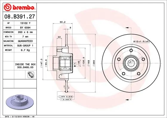 BREMBO 刹车盘 08.B391.27