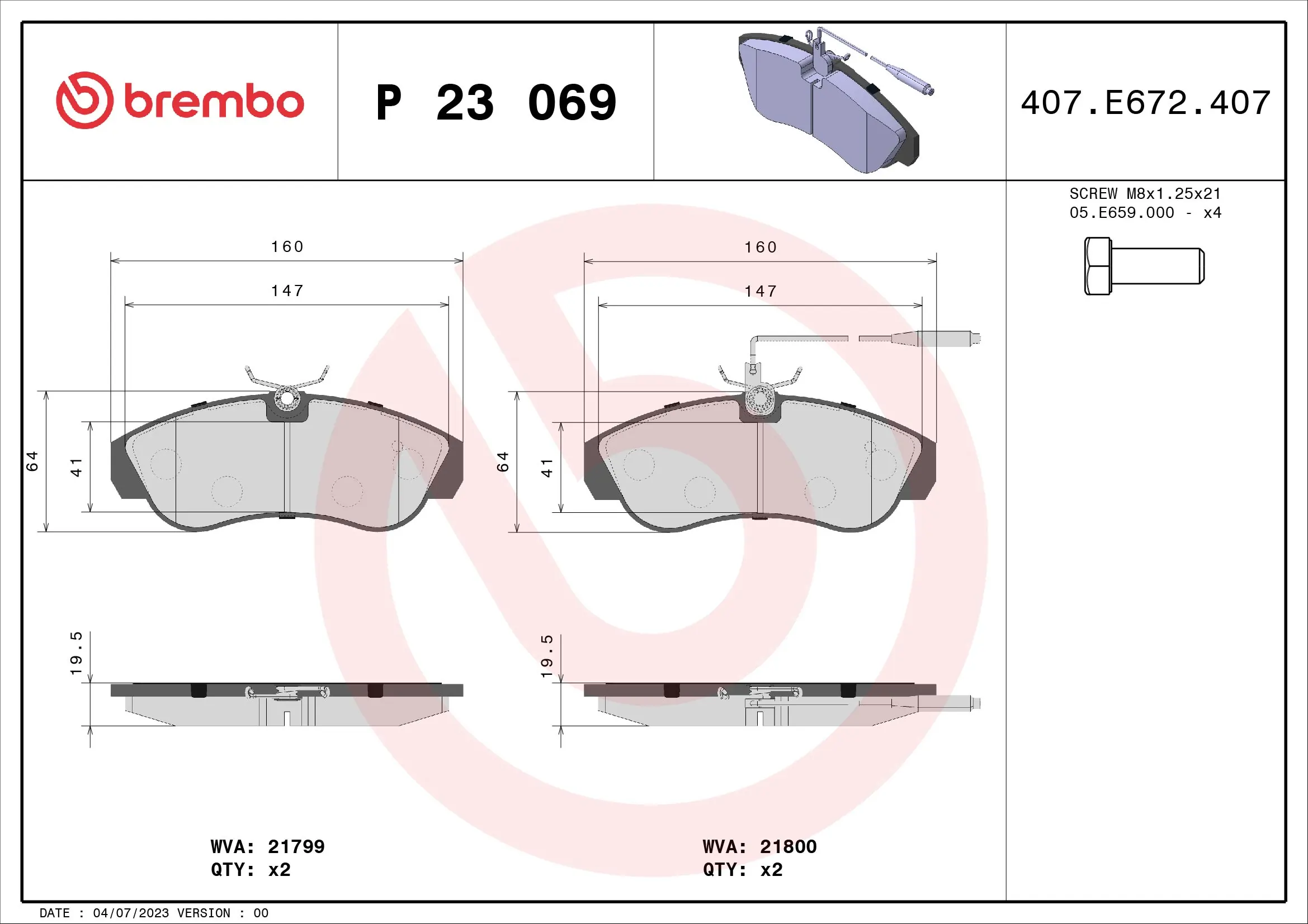 BREMBO Set bantalan rem, rem cakram P 23 069
