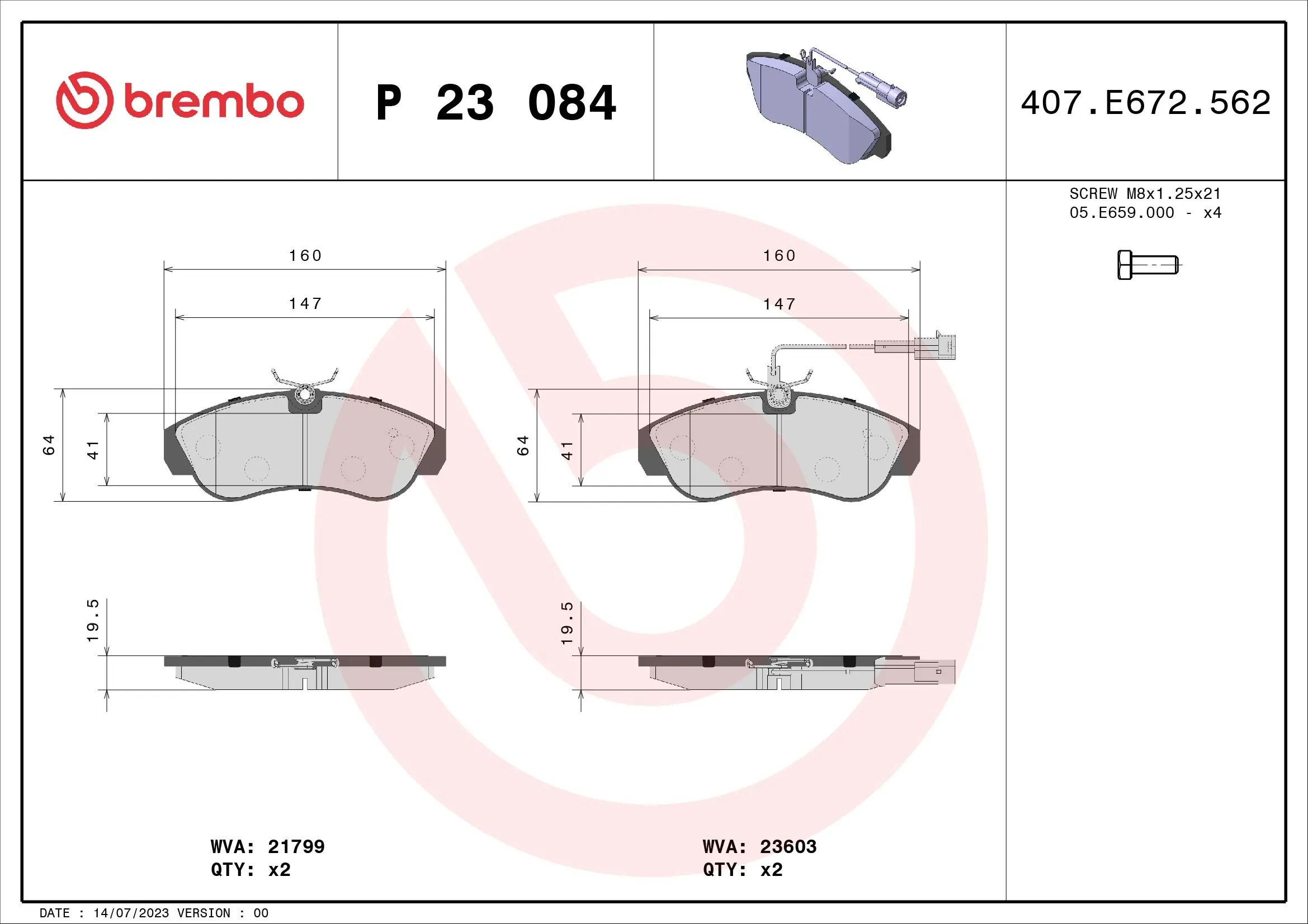 BREMBO Kit pastiglie freno, Freno a disco P 23 084