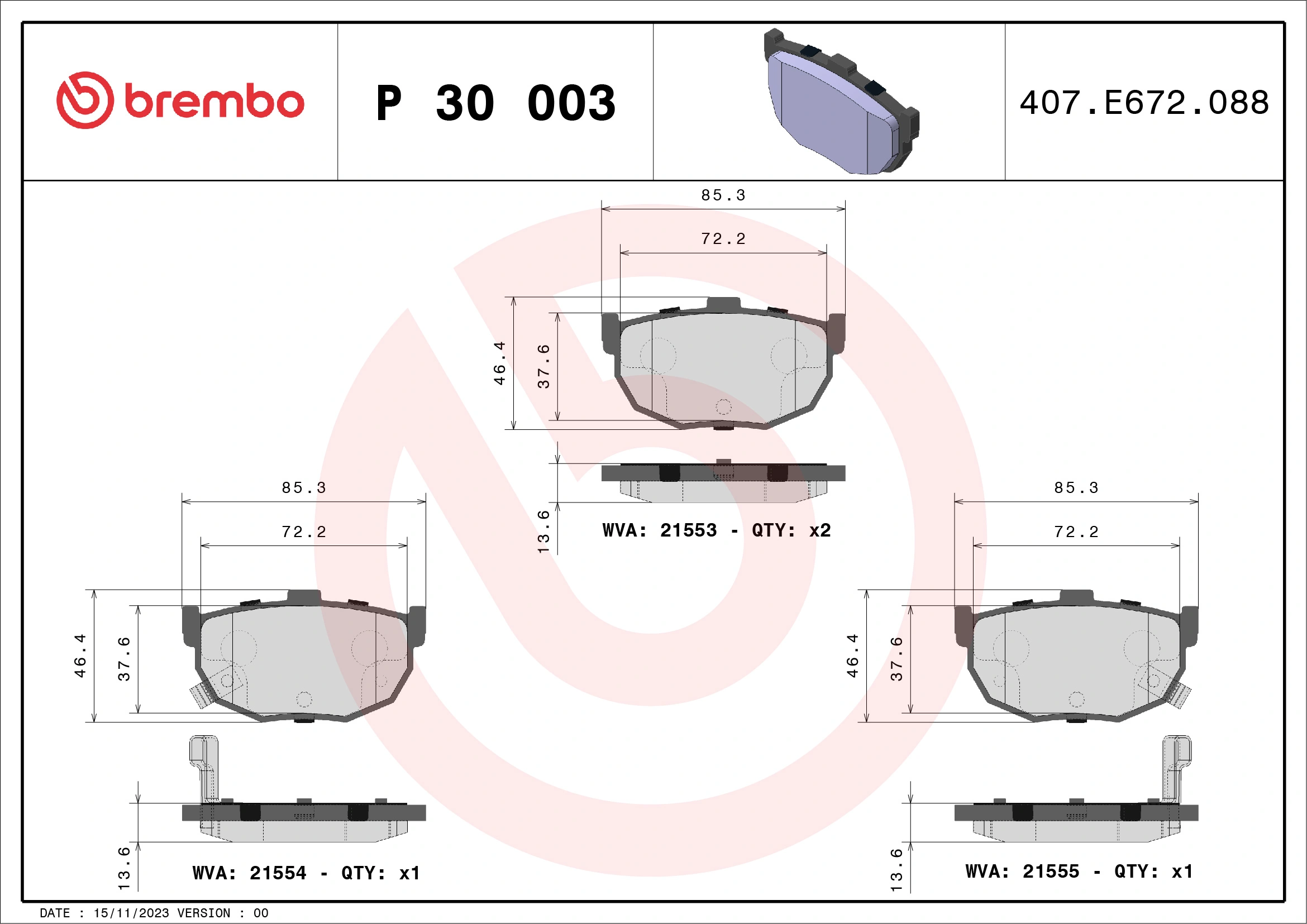 BREMBO Bremsbelagsatz, Scheibenbremse P 30 003