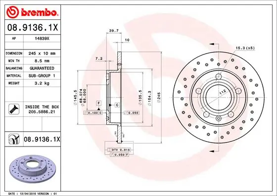 BREMBO Bremsscheibe 08.9136.1X