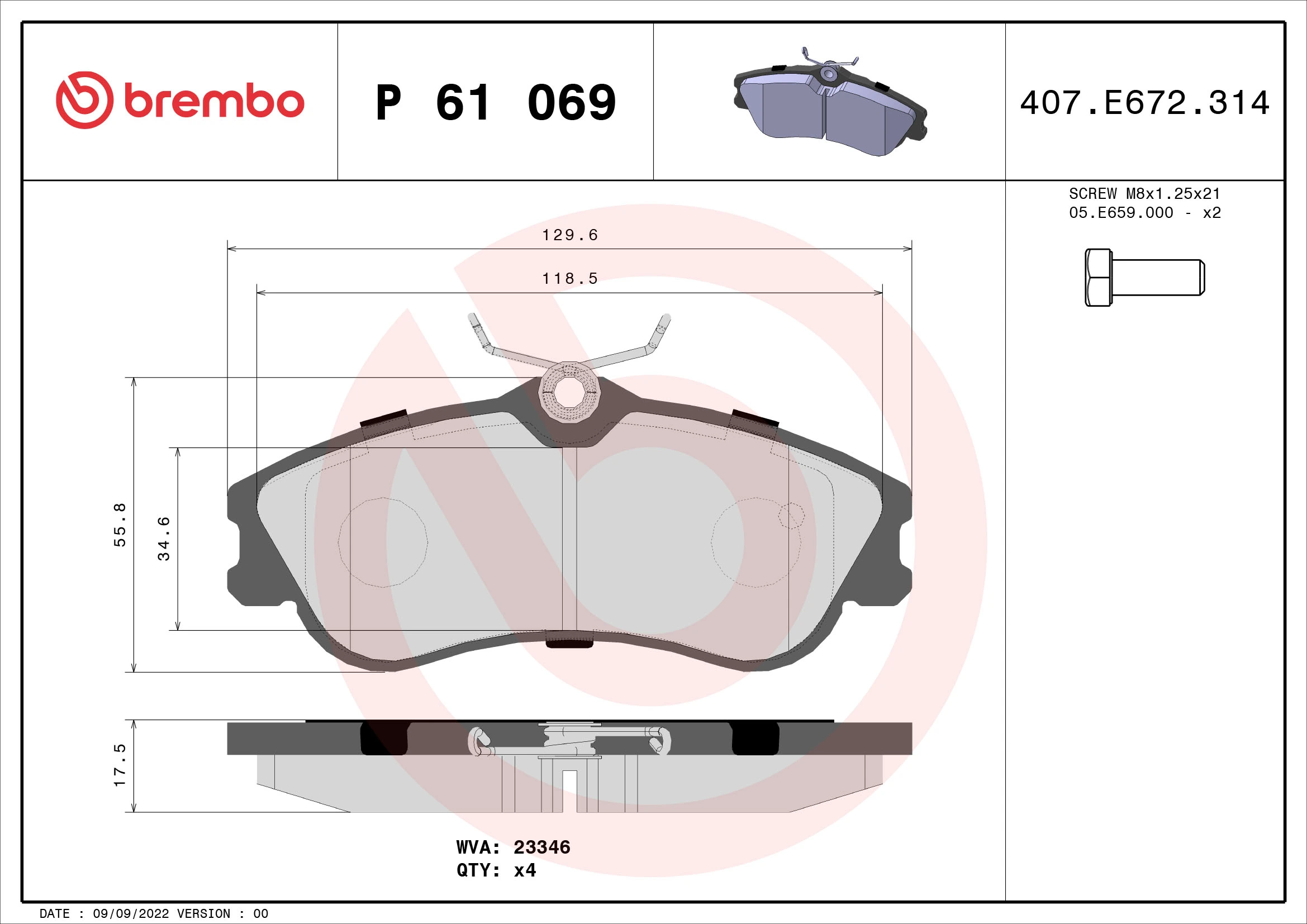 BREMBO Set Pad Brek, Brek Piring P 61 069