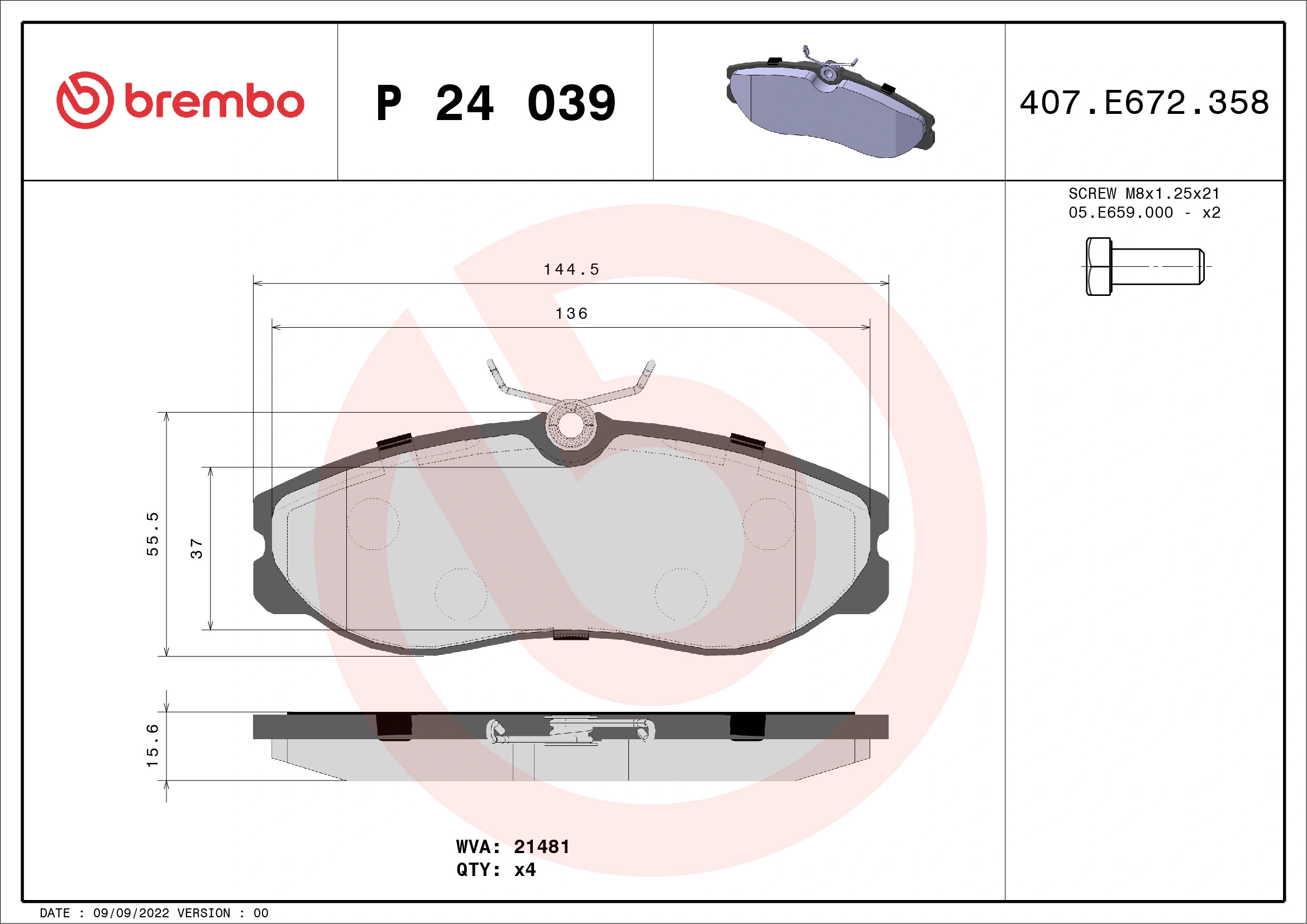 BREMBO Set bantalan rem, rem cakram P 24 039