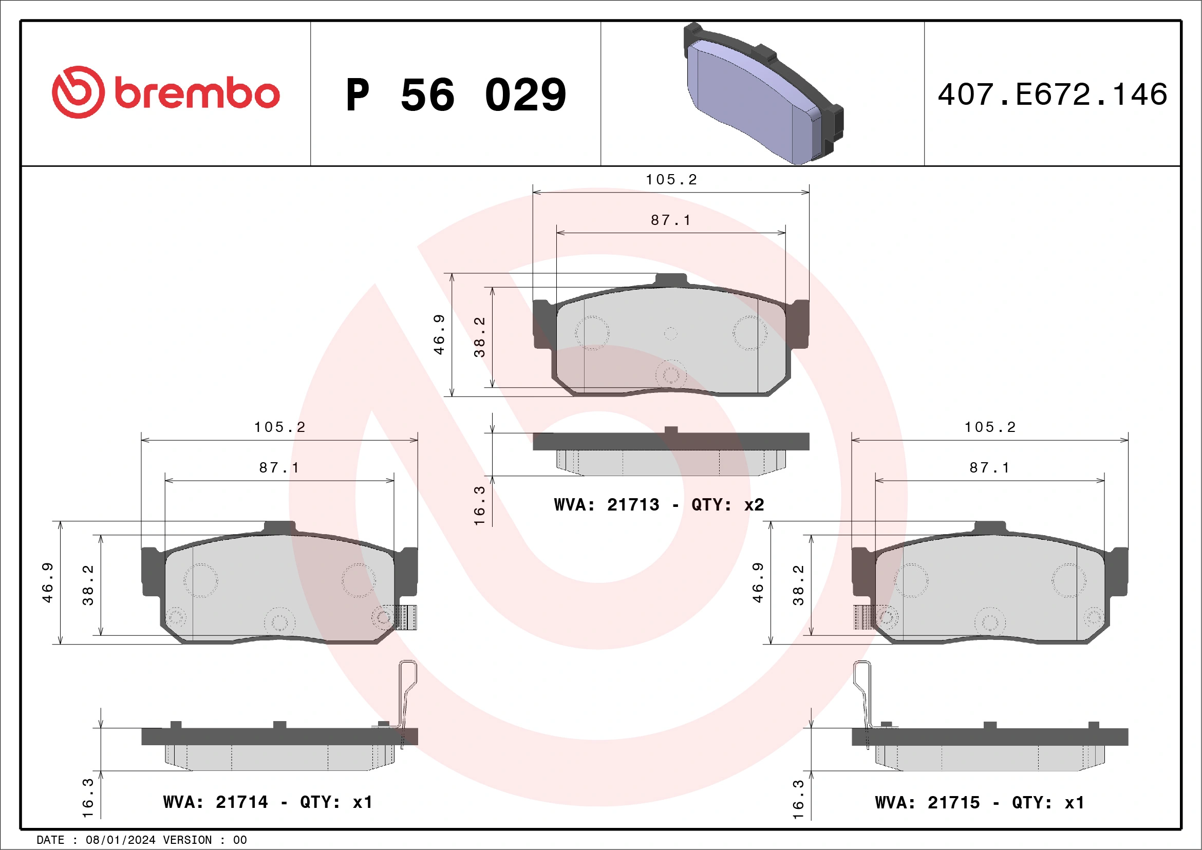 BREMBO 브레이크 패드 세트, 디스크 브레이크 P 56 029