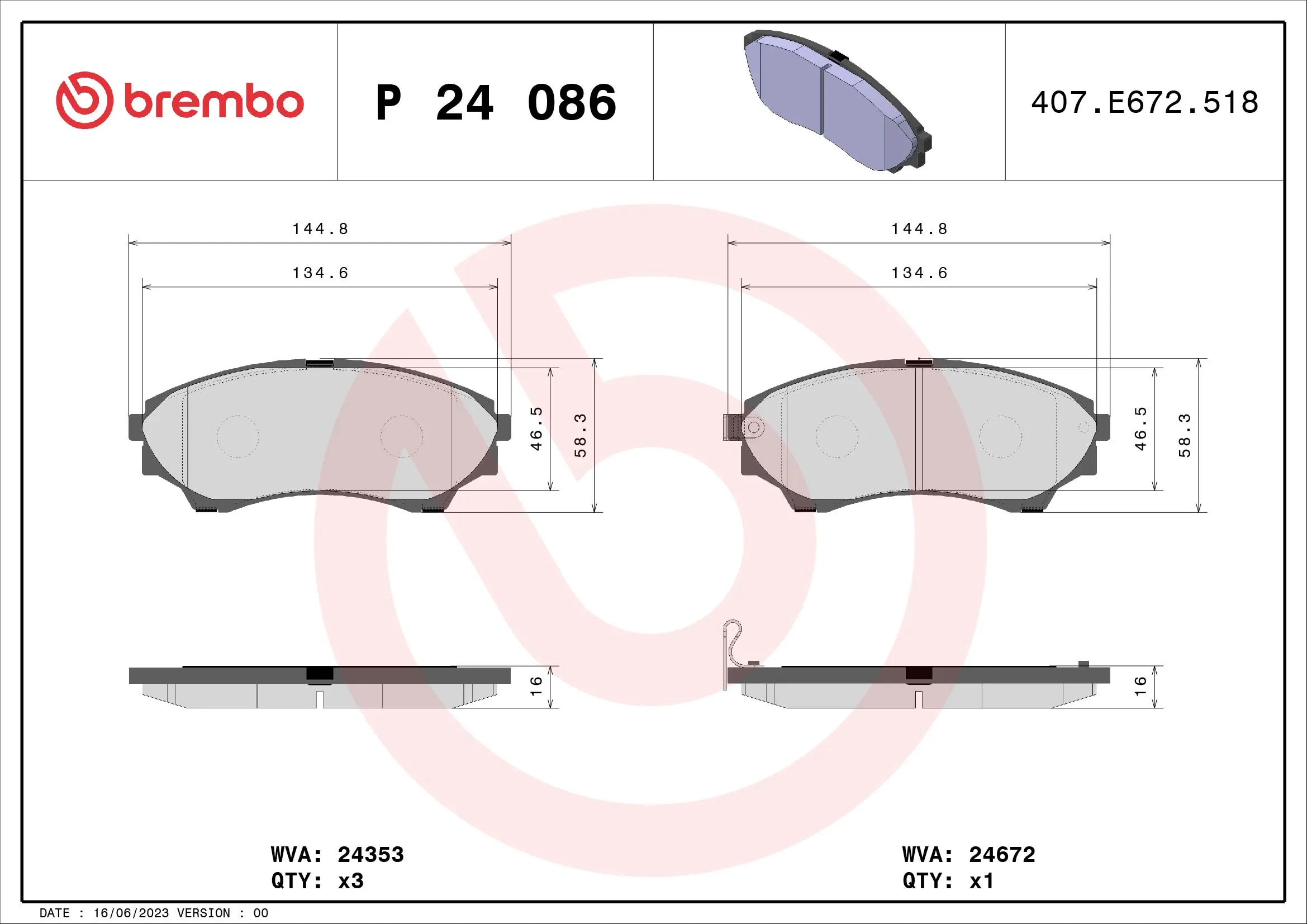 BREMBO Fren balata seti, diskli fren P 24 086