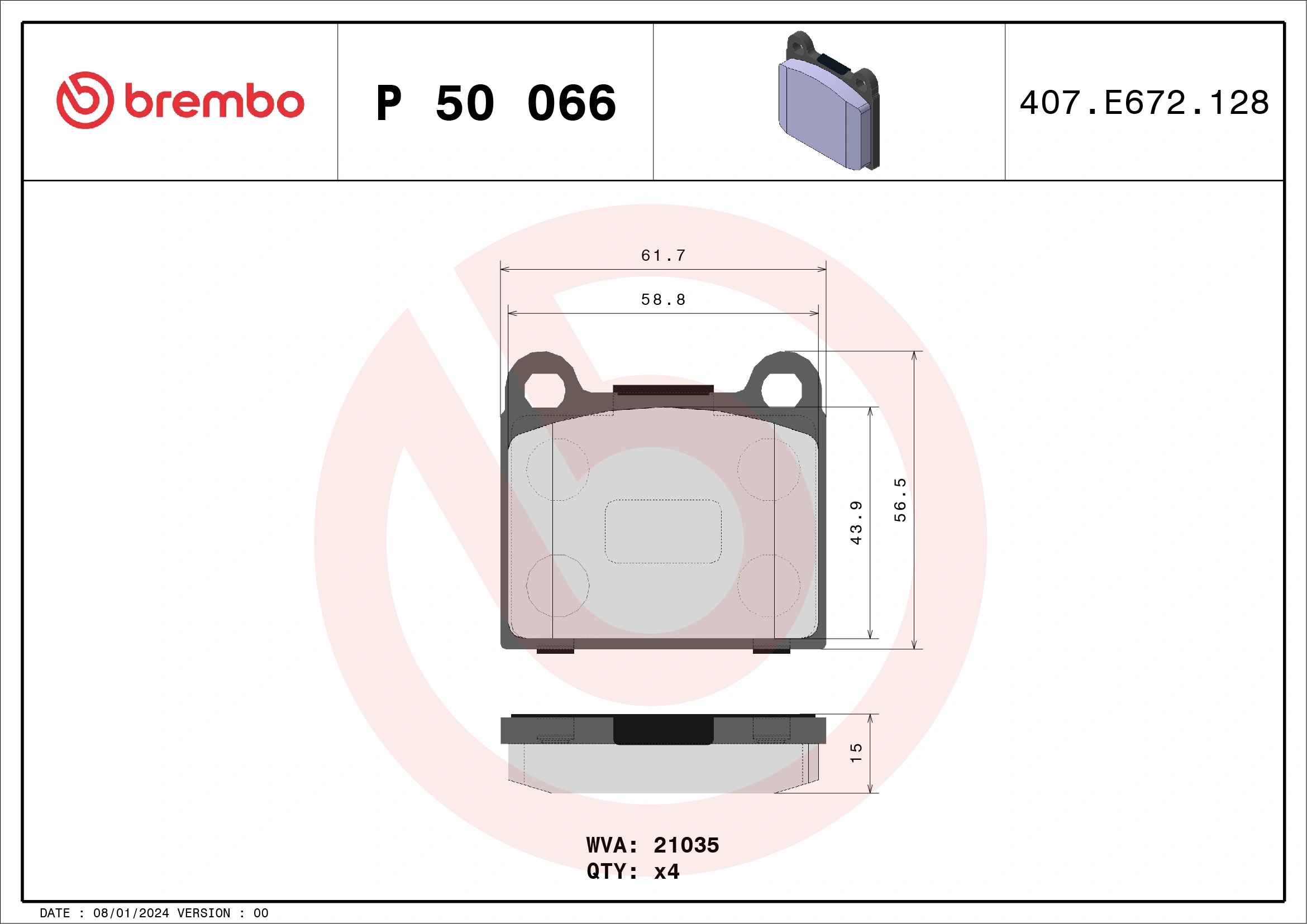 BREMBO ערכת רפידות בלם, בלמי דיסק P 50 066