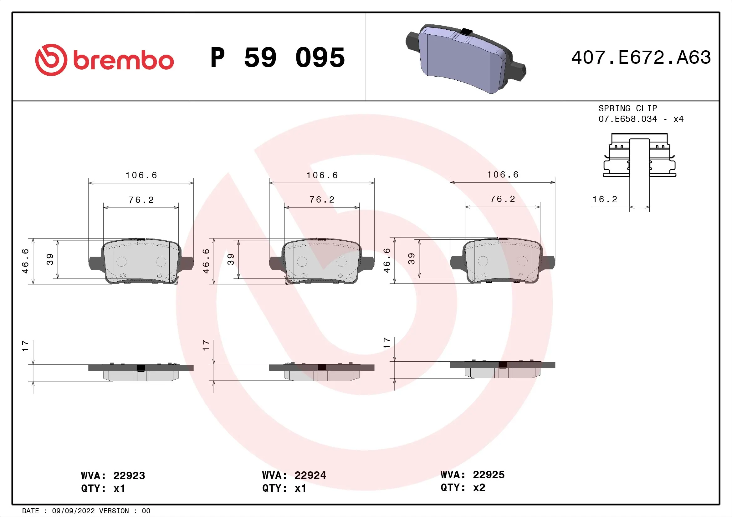BREMBO Set Pad Brek, Brek Piring P 59 095