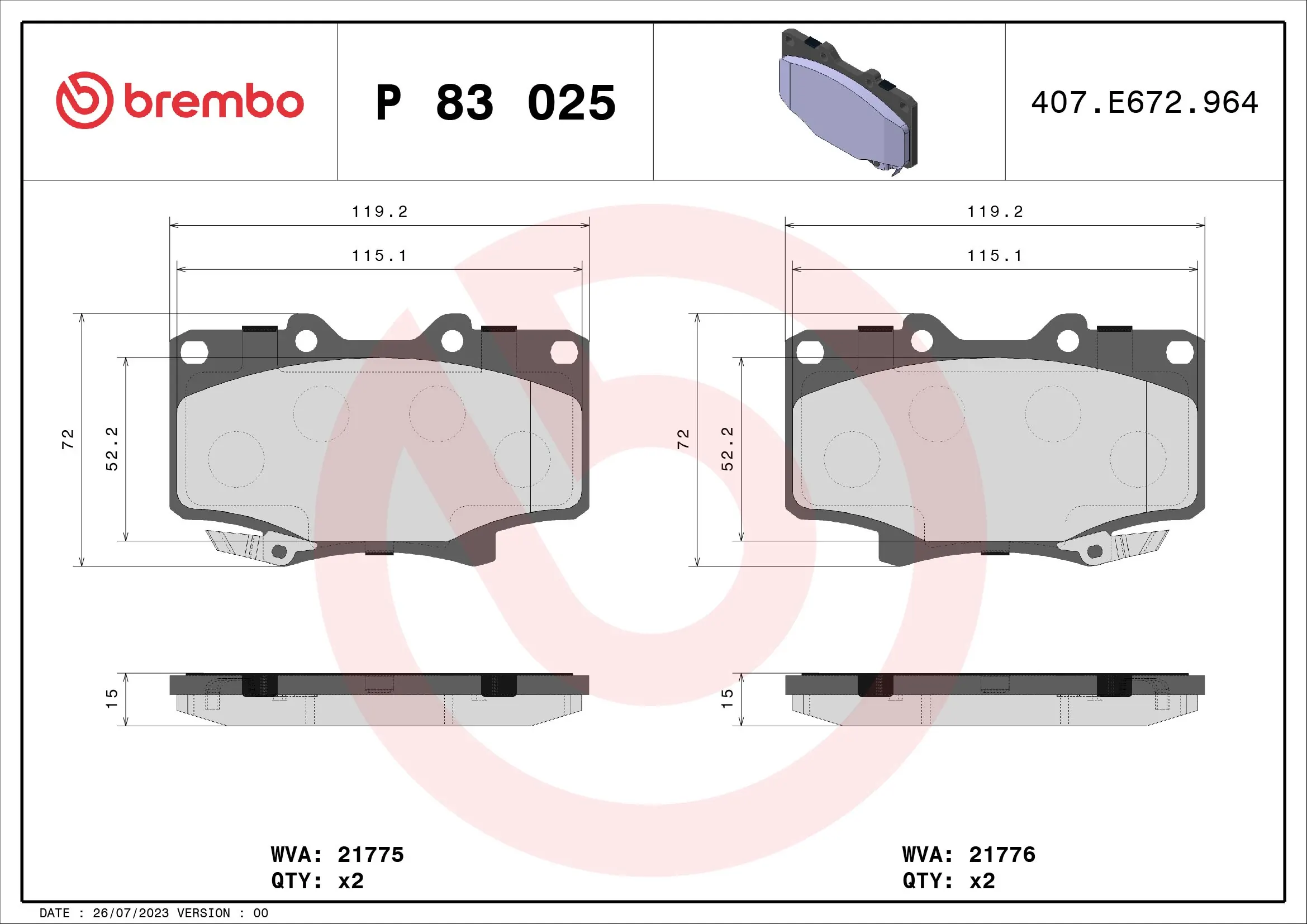BREMBO Kit pastiglie freno, Freno a disco P 83 025