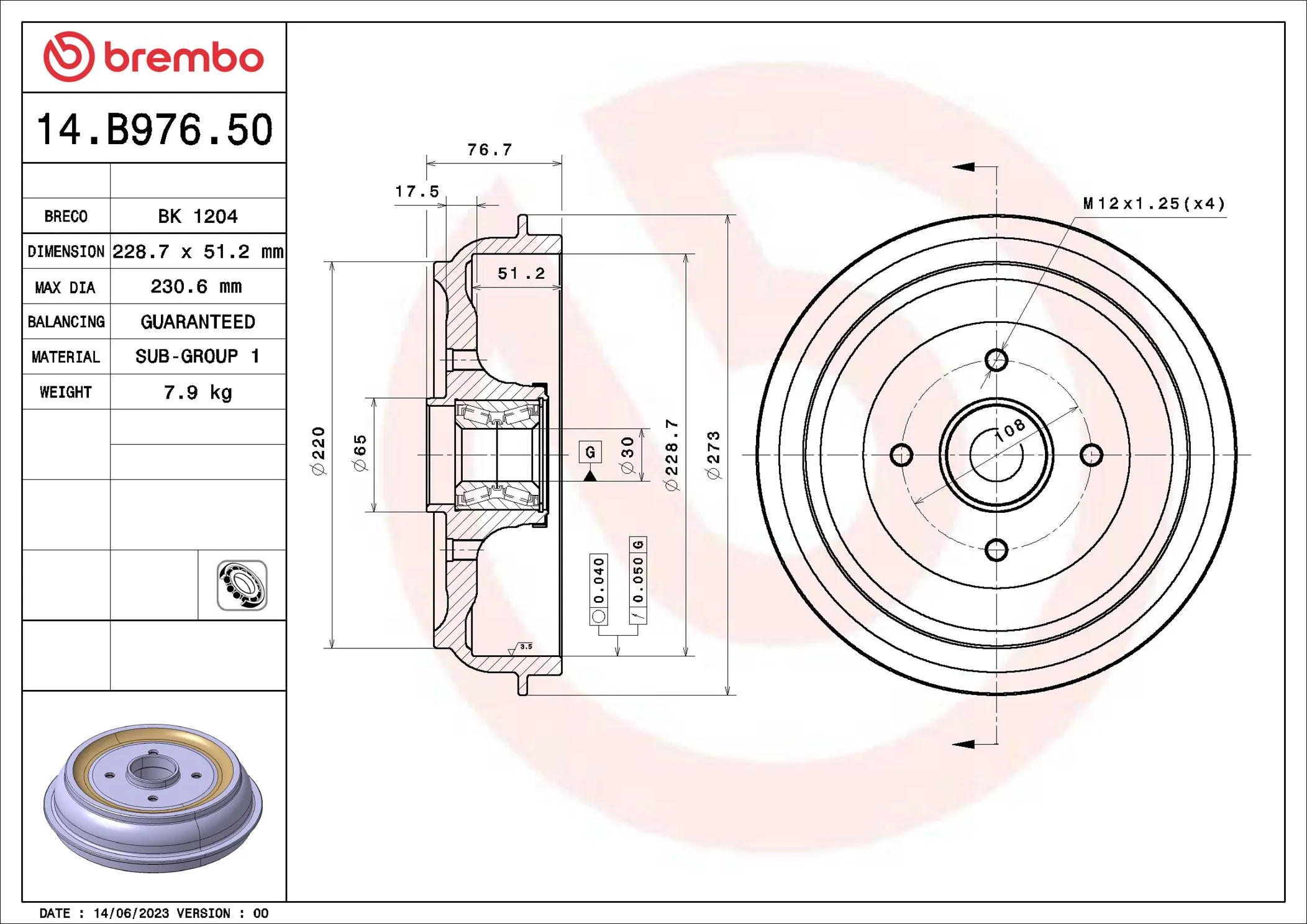 BREMBO Tambor de travão 14.B976.50