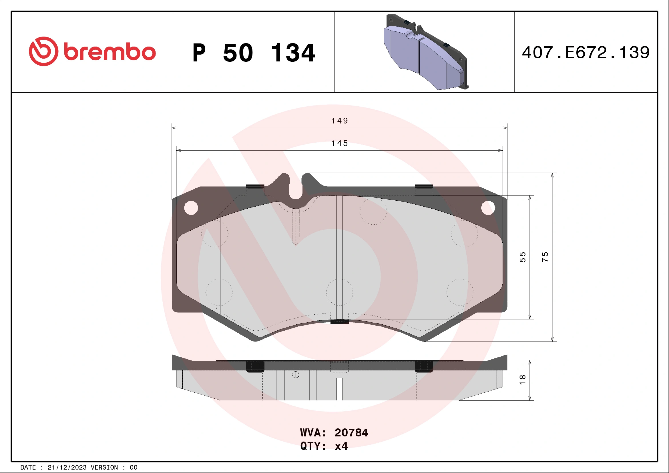 BREMBO Kit pastiglie freno, Freno a disco P 50 134